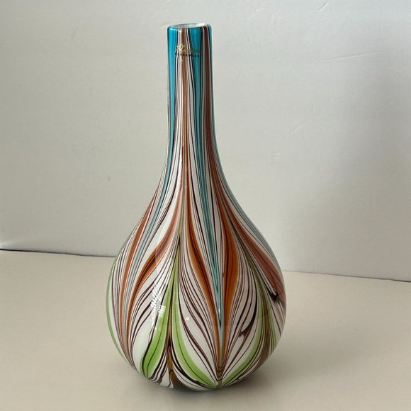 Murano Art Glass Vase Multicolor Bulbous Psychedelic Fluid Feather Striped Decor - Picture 3 of 16